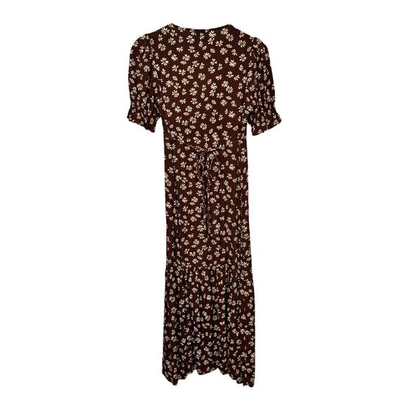 Mango MNG Brown Floral Print Midi Dress 2 Button Front Cottage Dainty Retro - Picture 5 of 9